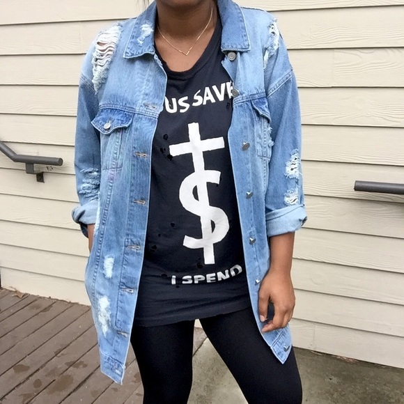 Longline Oversized Distressed Blue Jean Jacket - Picture 2 of 6